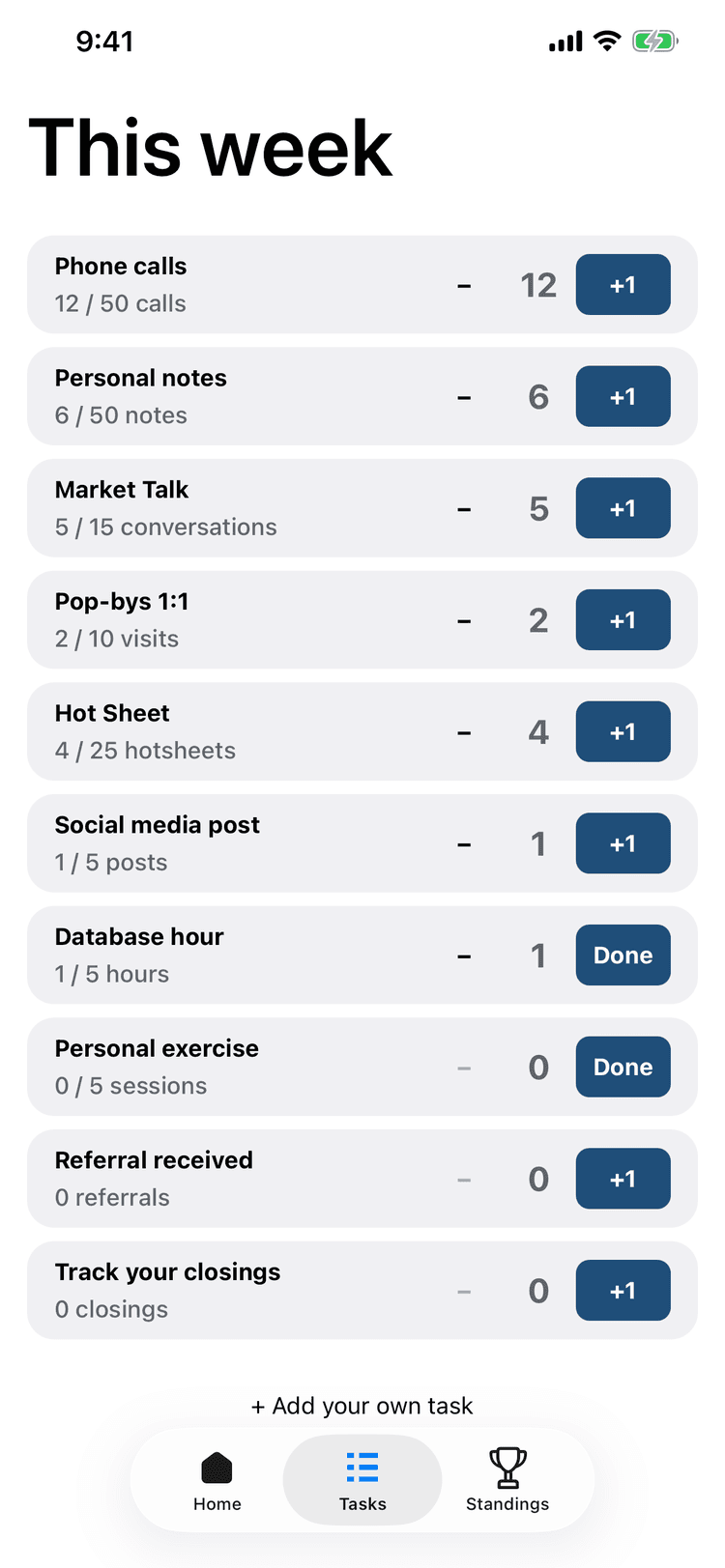 Quick-log screen with a list of activities and a one-tap entry.